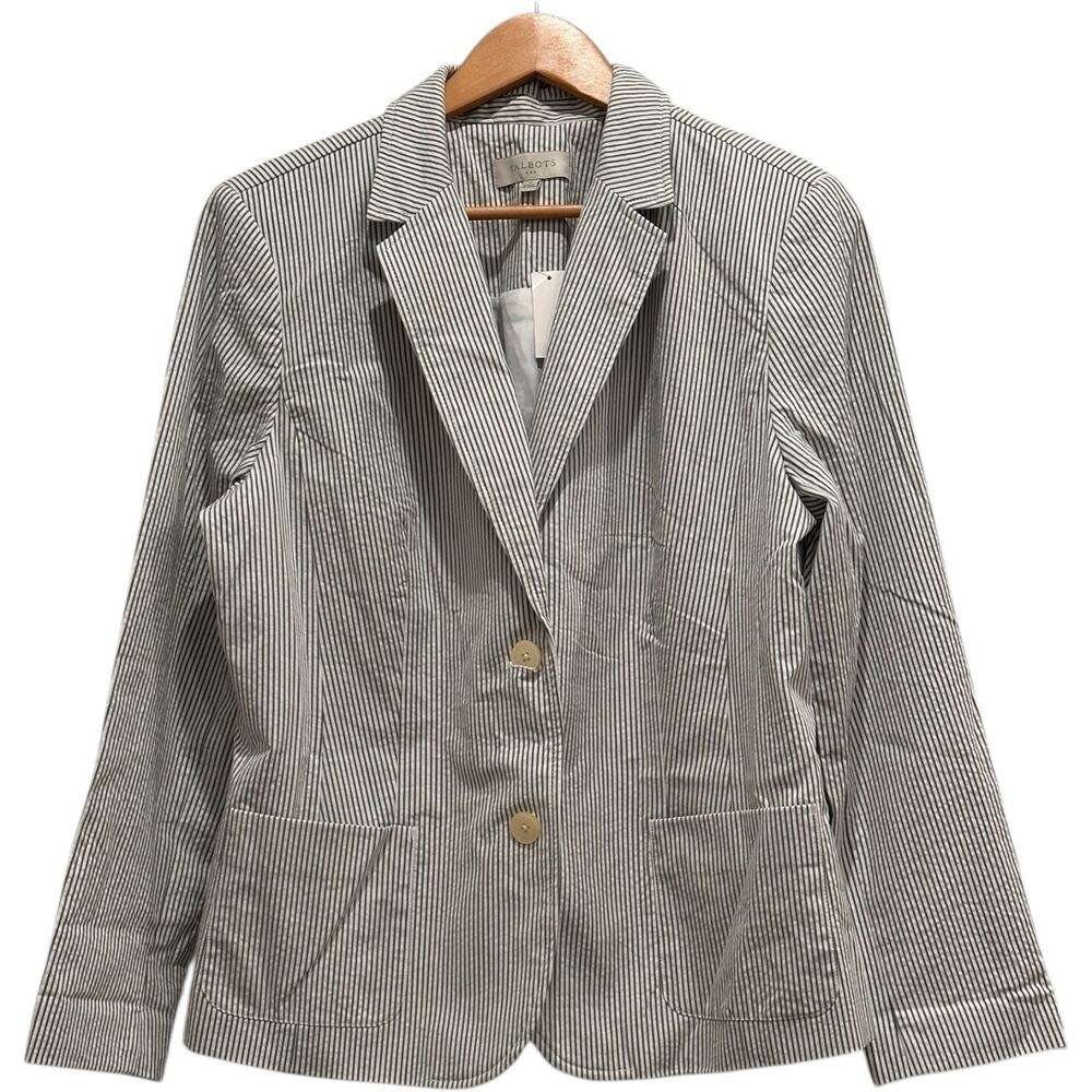 NWT Talbots Sz 16 Long Sleeve Seersucker Blazer Jacket Blue White Striped